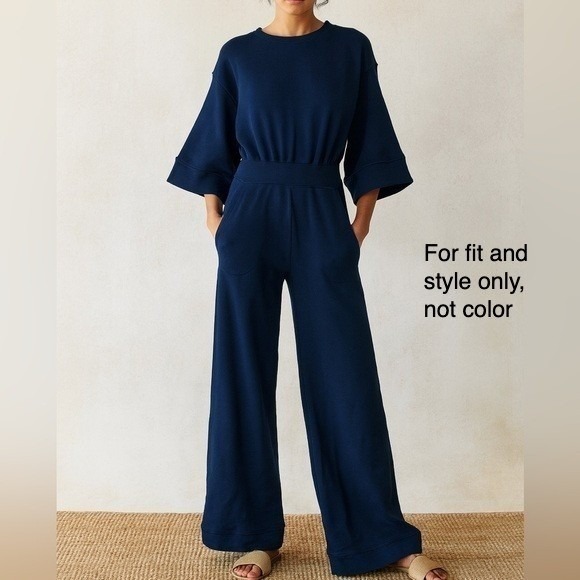 Warm NY Womens Wide Leg Terry Cotton Jumpsuit S/M Light Blue 3/4 Sleeve Lounge